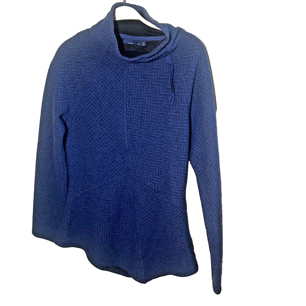 PrAna Mattea Sweater Womens Size M Blue Herringbone Wool Blend Asymmetrical Hem